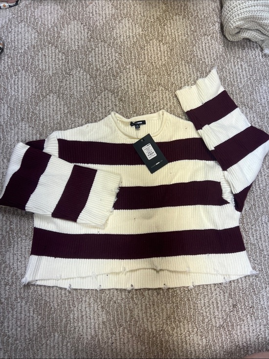 Fashion Nova Sweaters - Fashion nova Striped Maroon and Cream Crewneck Sweater